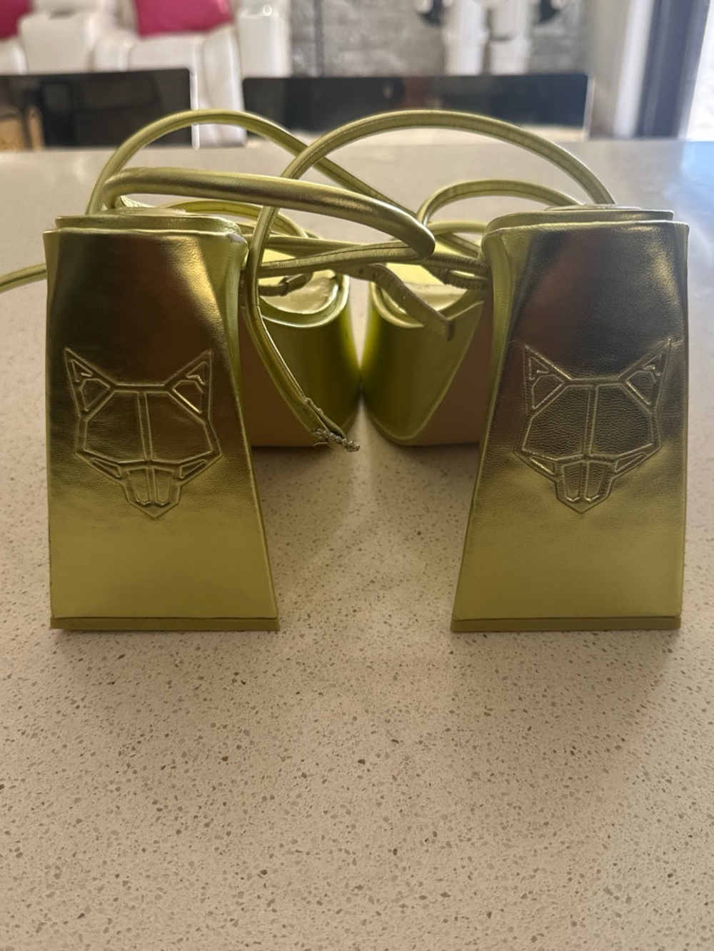 Naked Wolfe Metallic Chartreuse Strappy Block Heel Sandals